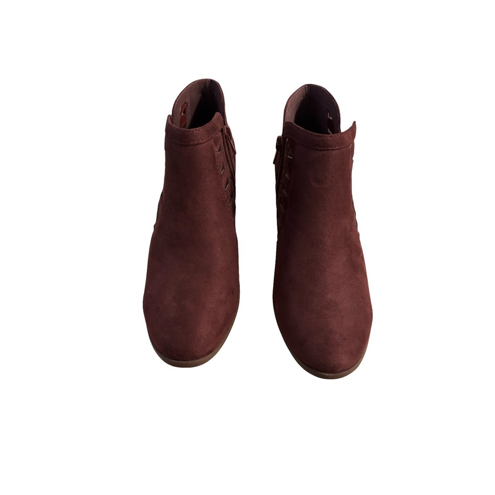 Womens Burgundy Faux Suede Cutout Ankle Boots Side Zipper Block Heel Fashion